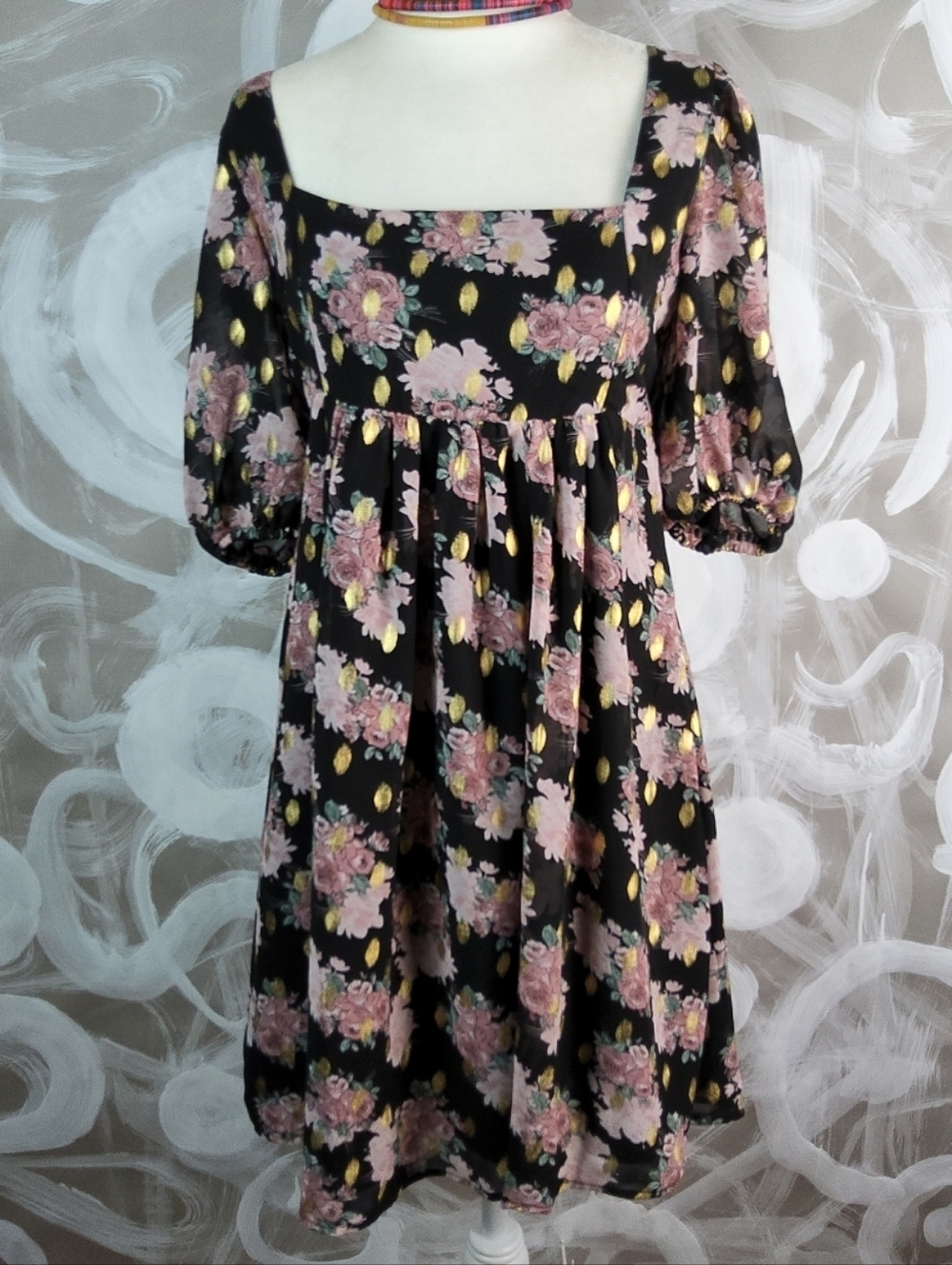 NASTY GAL Wmns Sz 4 Black Floral Gold Babydoll Dress Puff Sleeve Boho Tweecore